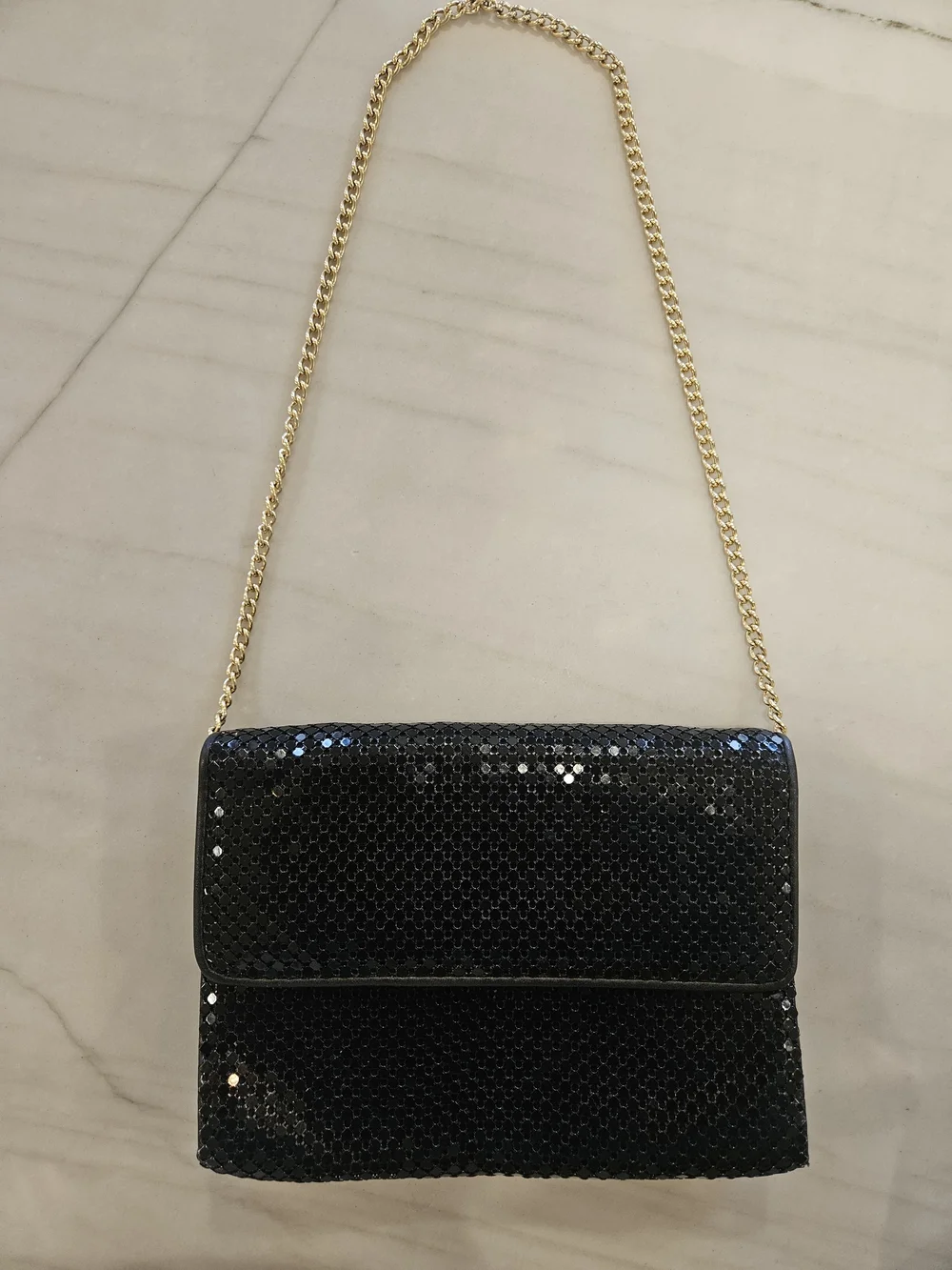 Whiting and Davis Vintage Black Metal Mesh Evening Clutch Purse Gold Strap